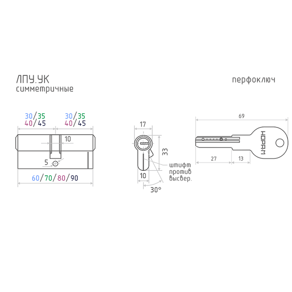 Цилиндровый механизм ЛПУ.УК-60 (золото) (30-30)(ключ-ключ)