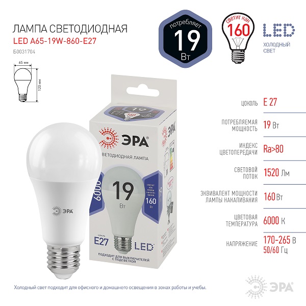 Лампа LED А65 19Вт 860 E27 6000К холодный белый свет ЭРА