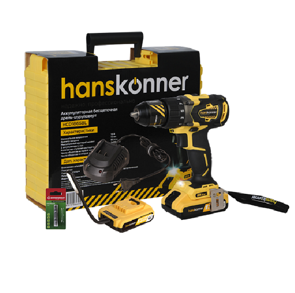 Дрель аккум.безщ. Hanskonner HCD1865BL (18В, 65Нм, 2х2,4Ач(Unibattery), УЦП 13мм ClickLock, кейс) Дрель аккум.безщ. Hanskonner HCD1865BL (18В, 65Нм, 2х2,4Ач(Unibattery), УЦП 13мм ClickLock, кейс)