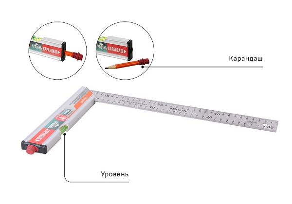Угольник с уровнем и карандашом, 350мм, стальной, Sturm