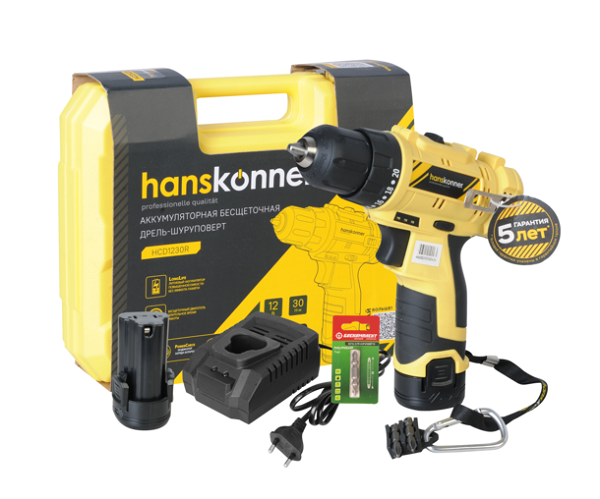 Дрель аккум.бесщ. Hanskonner HCD1230R (12В, БЗП 10мм, 2 скор., 30Нм, 2х2,0Ач, кейс) Дрель аккум.бесщ. Hanskonner HCD1230R (12В, БЗП 10мм, 2 скор., 30Нм, 2х2,0Ач, кейс)